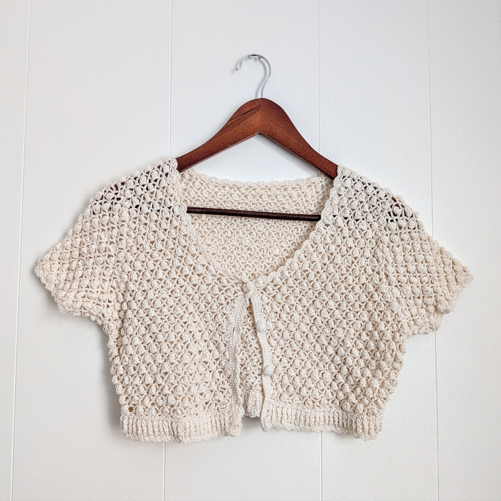 Cream Crochet Short Sleeve Cardigan